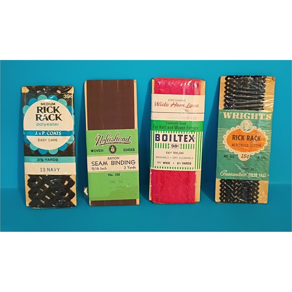 Vintage Sewing Notions Lot Rick Rack Seam Binding Hem Lace‎ Wrights Boiltex Navy